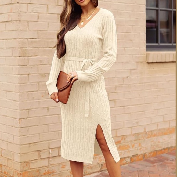 Merokeety Women's V-Neck Cable Knit Sweater Dress w Belt Apricot Stunning XL NWT - Picture 3 of 14